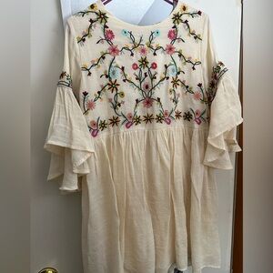 Umgee Cream Dress with Multicolor Floral Embroidery